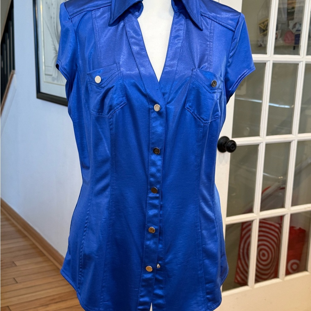 Cache Royal Blue Satin Button-Down Shirt